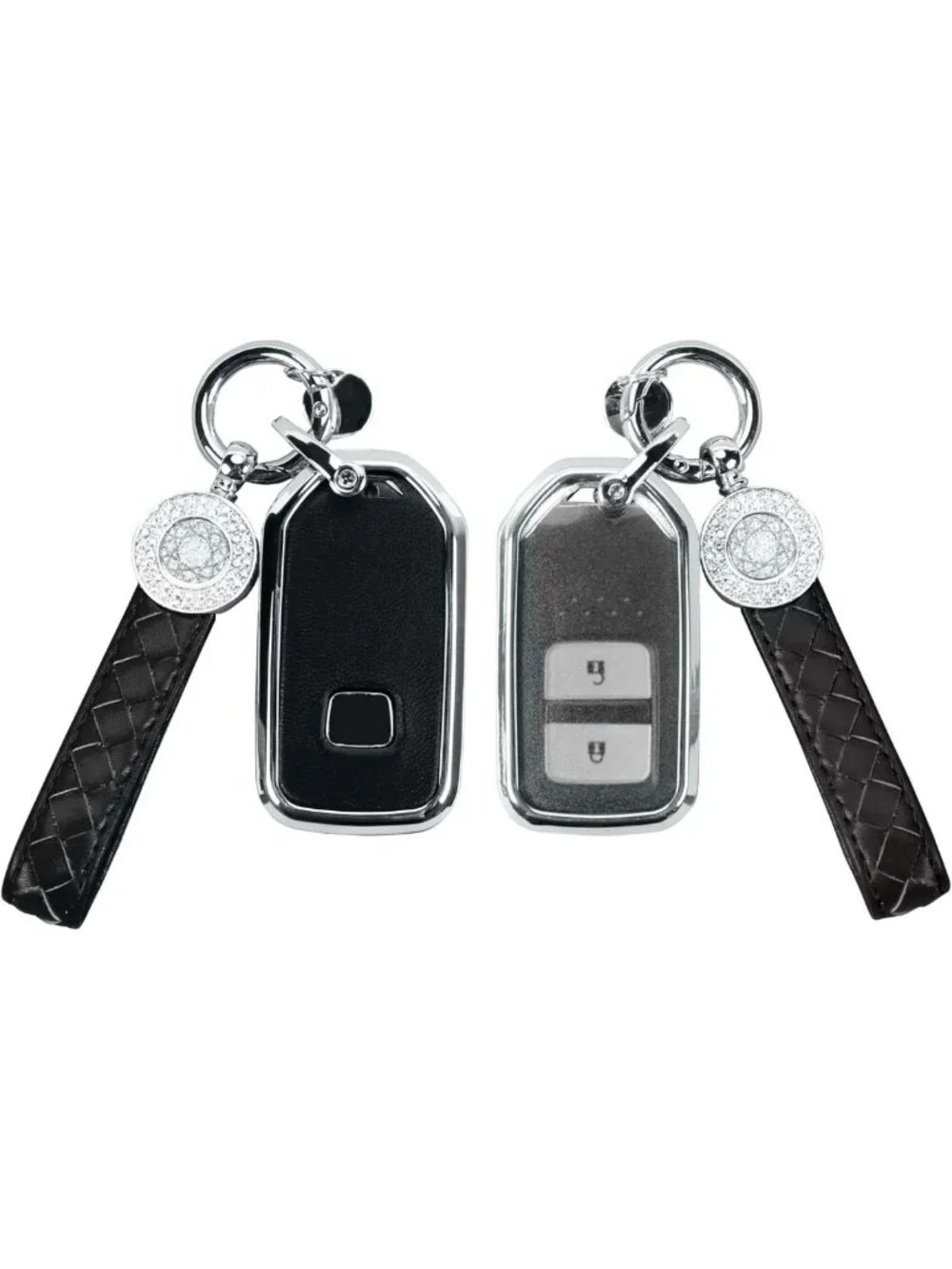 Stylish Black Leather Key Fob Cover with Keychain - Crystal Protection Case for